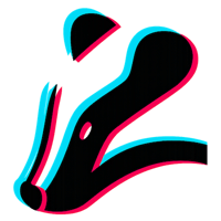 Stylized black badger head logo with neon cyan and magenta shadows, representing Alex Badger brand.