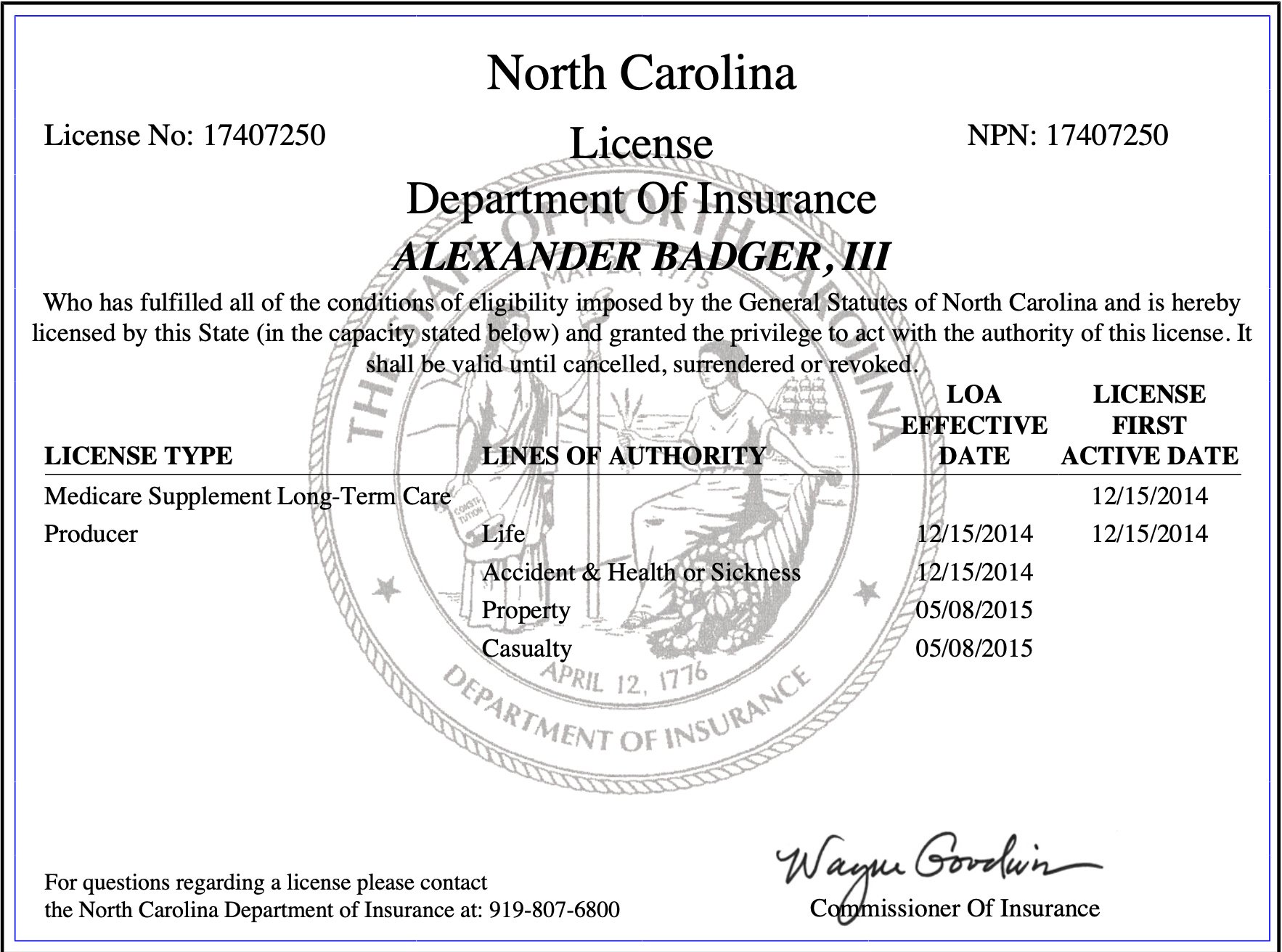 NC DOI Financial Licenses